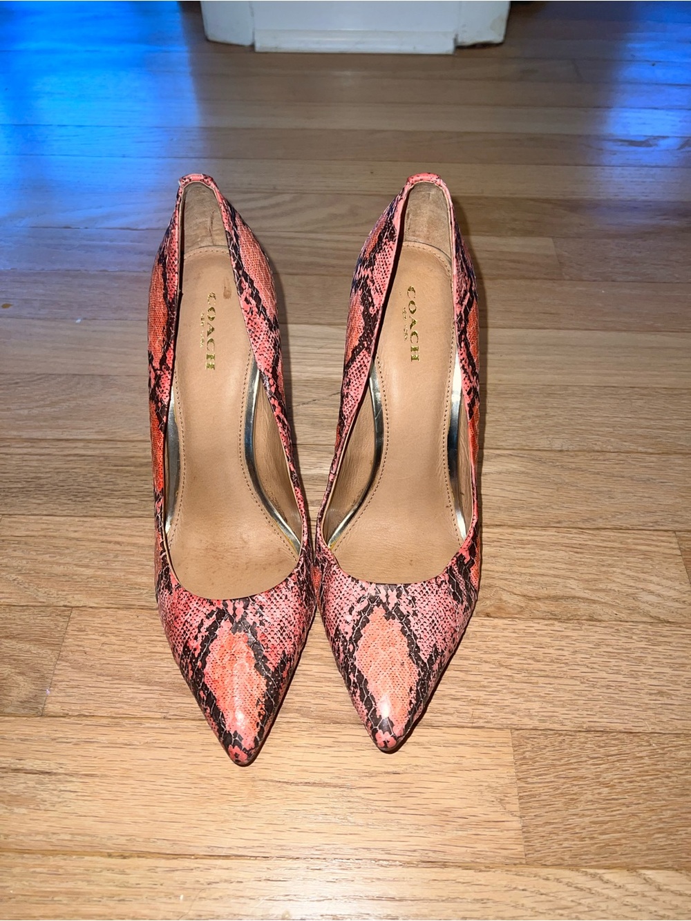 Coach Pink Snake-Print Pointed Toe Pumps